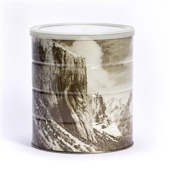 ANSEL ADAMS (1904-1984) A signed Hills Brothers coffee can, with a wraparound image of Adams' Winter Morning, Yosemite Valley. 1969.